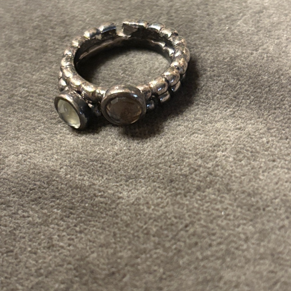 Double Stone Beaded Stack Ring in Silver with Smoky and Clear Stones